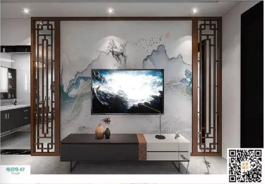 廠價新款鑫順來DQ-07掃碼中式格子電視墻，掃二維碼看裝修風(fēng)格